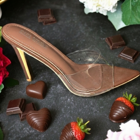 'Melrose' Chocolate Lovers Transparent Stiletto Heels - Picture 1 of 5